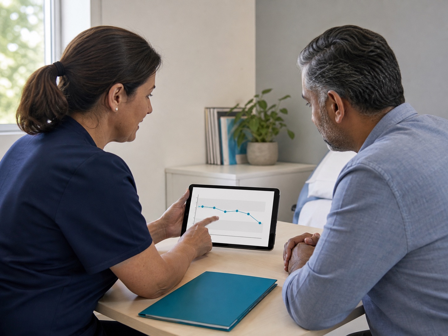 A clinician and patient reviewing a health result trend on a tablet