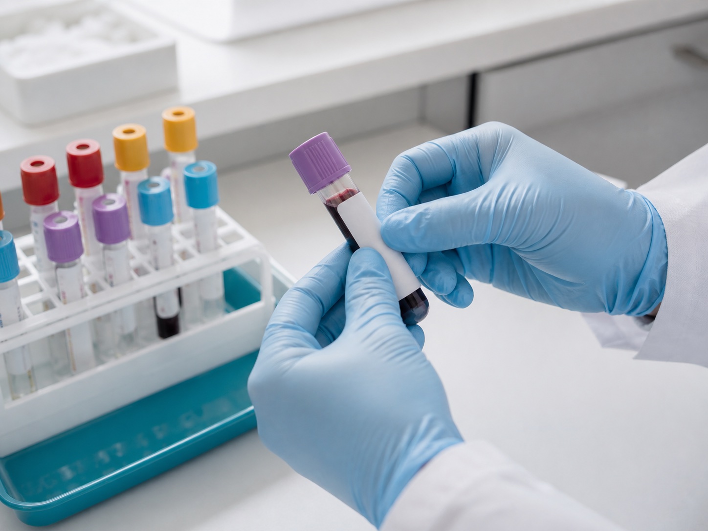 A healthcare professional labelling blood sample tubes for laboratory testing
