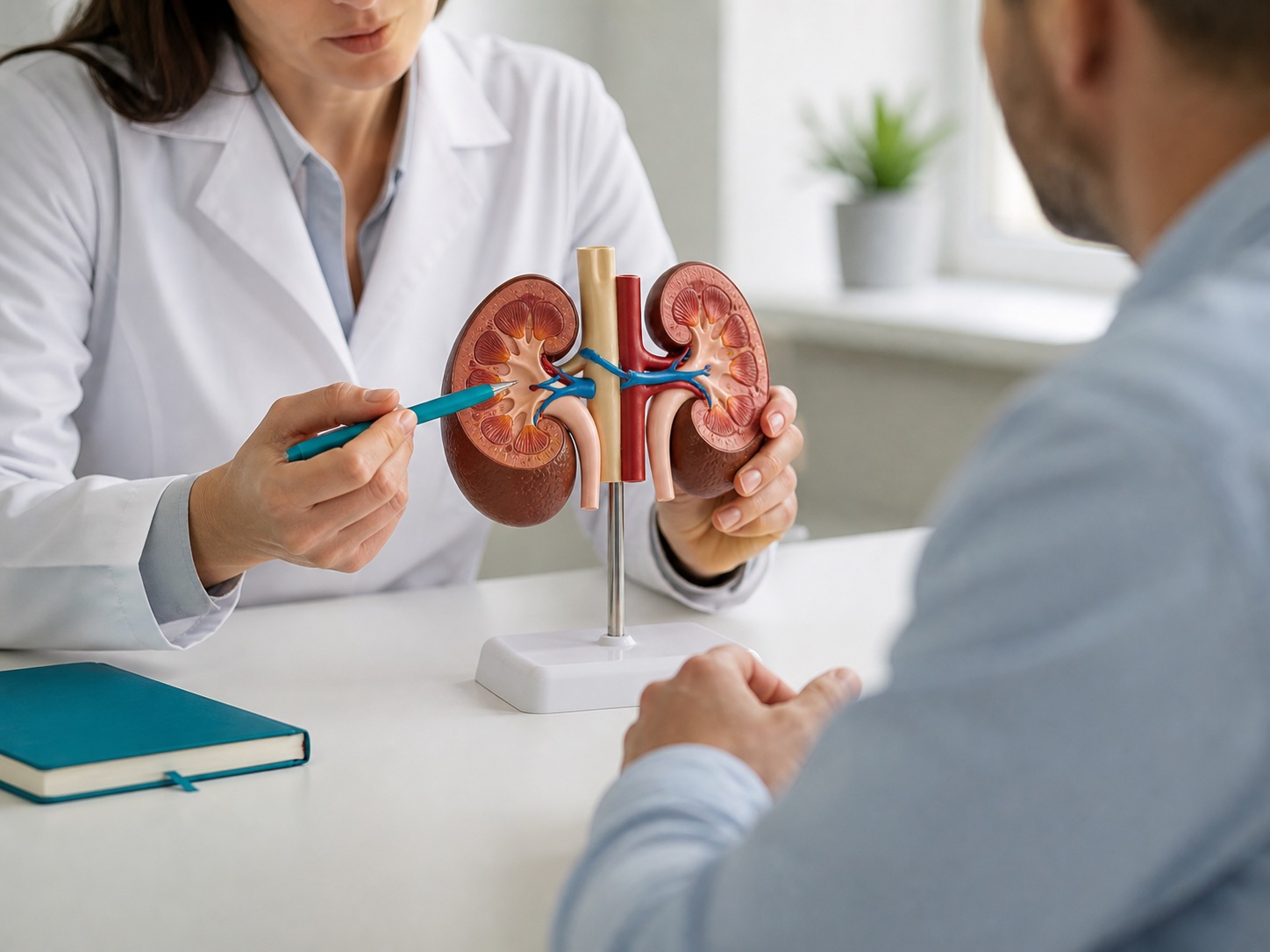 A clinician explaining kidney function using an anatomical kidney model