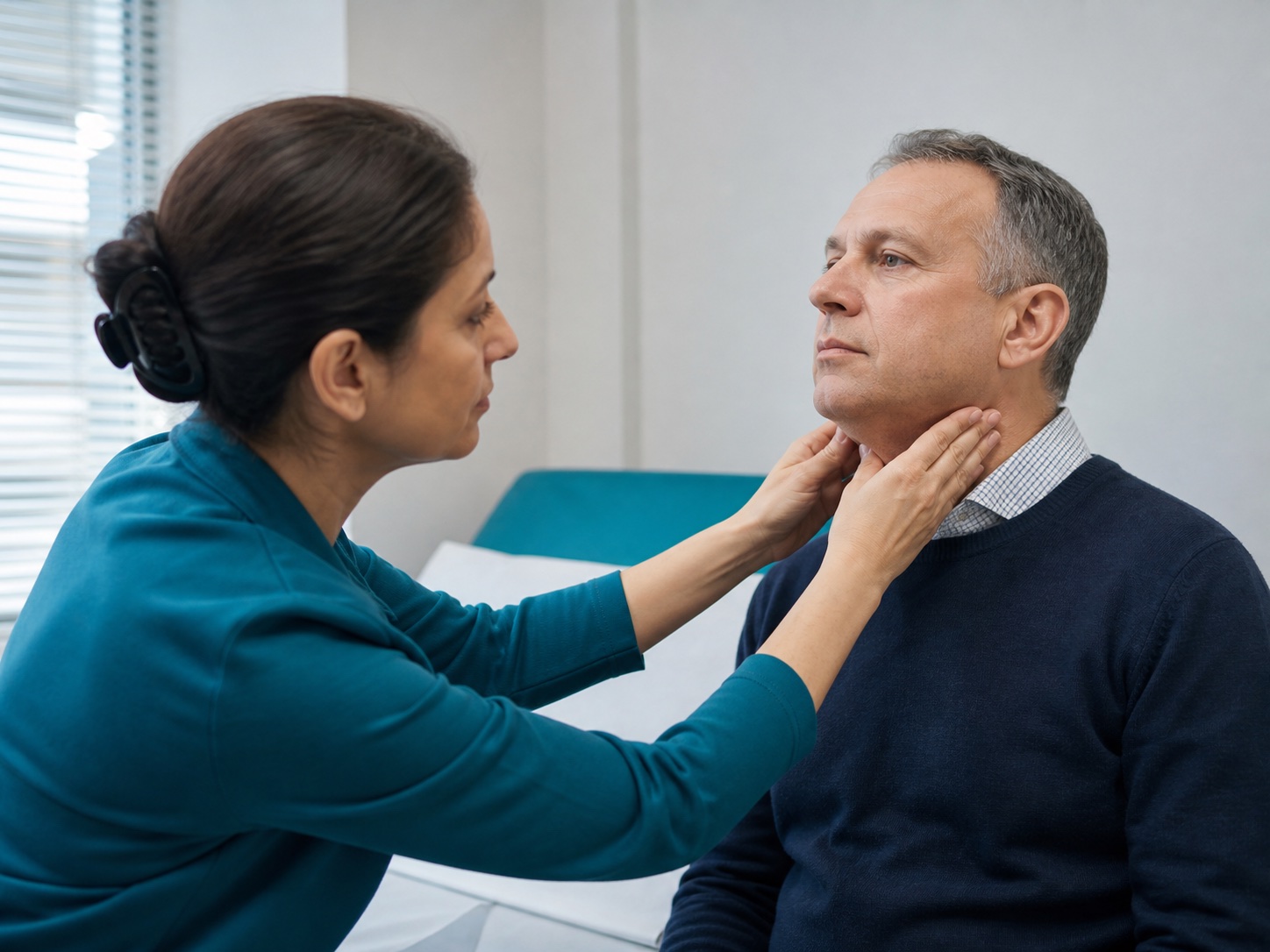 A clinician examining a patient’s neck during a thyroid assessment